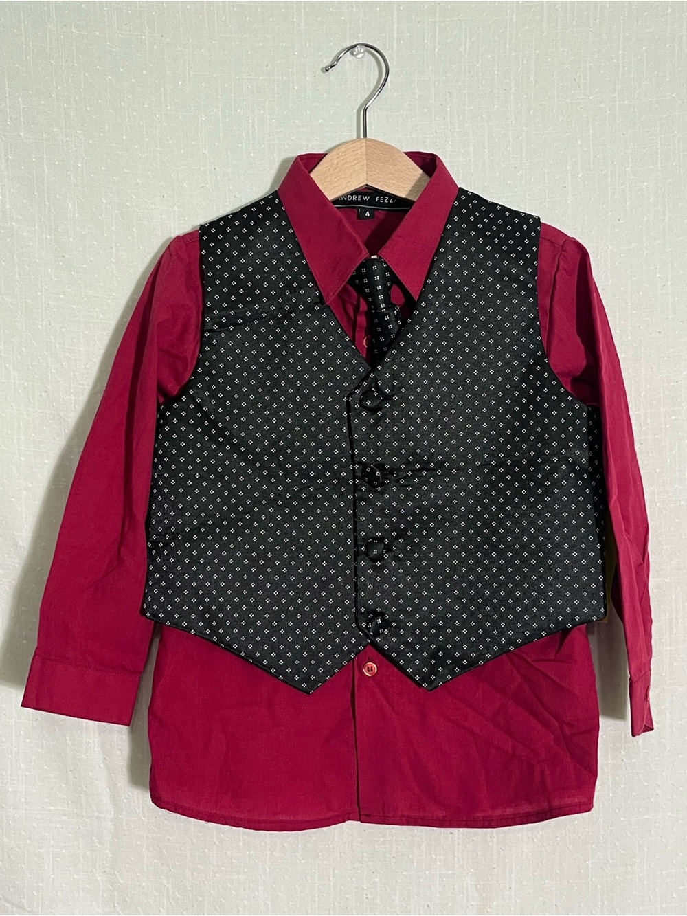 Boys Size 4 Burgundy Shirt Jacquard Vest Tie Wedding Holiday Outfit